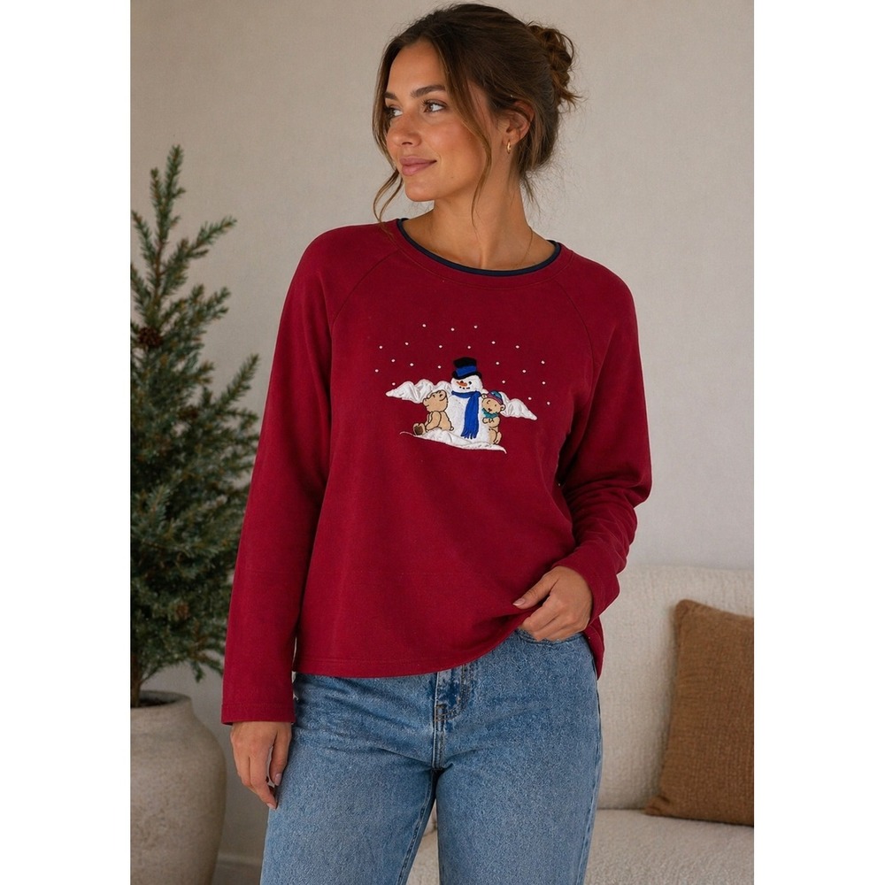 Karen Scott Christmas Snowman & Teddy Bear Embroidered Red Sweatshirt - Size L